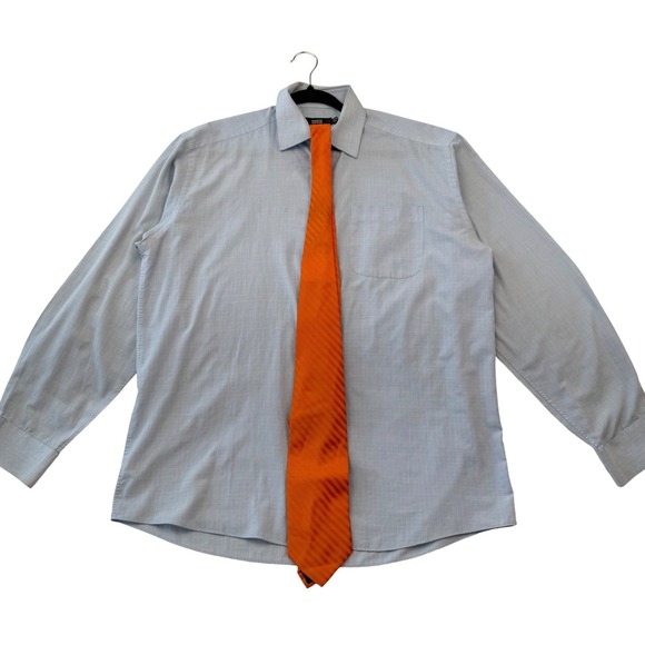 Marks & Spencer Other - Marks & Spencer Dress Shirt Tie Set Blue Micro Check Orange Striped 15.5 39-40